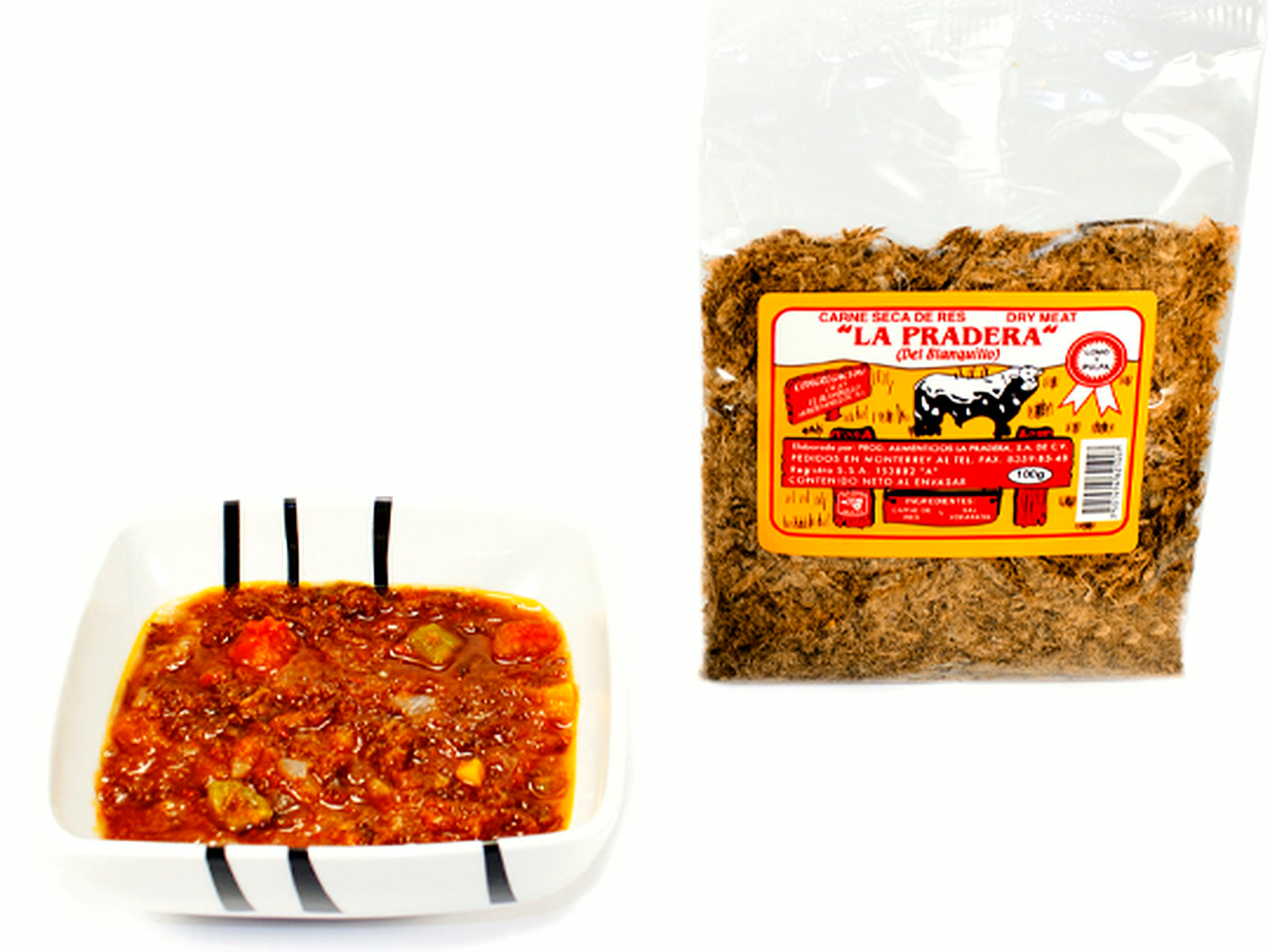 Guiso de carne seca La Pradera junto a la bolsa de Carne Seca de Res Del Blanquillo